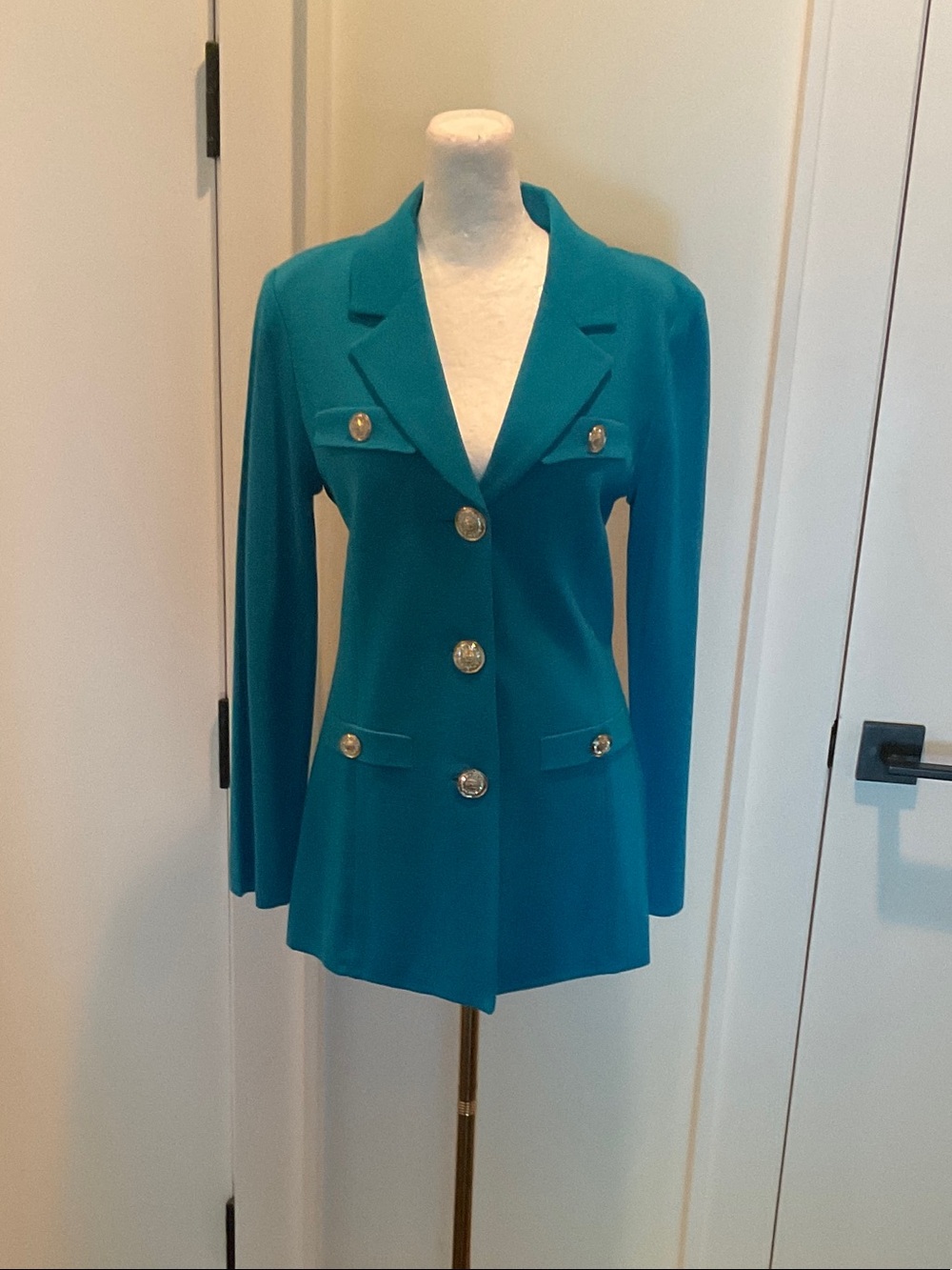 Misook Teal Double-Breasted Blazer with Gold Buttons